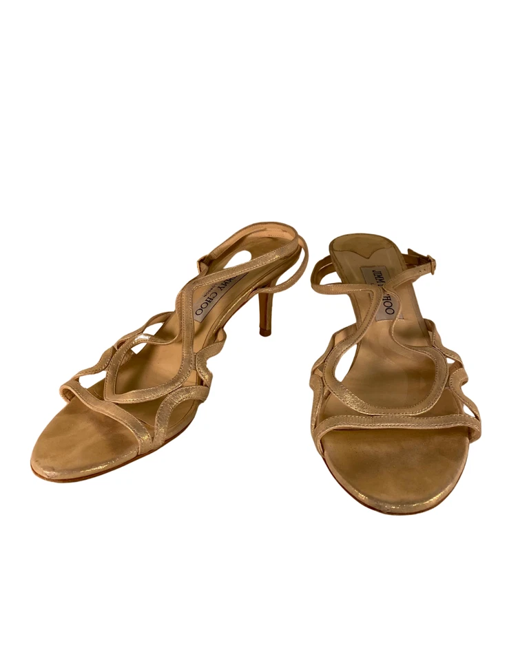 Mujer Lujo Moda Jimmy Choo Brillante Bronceado Tirantes Gatito Tacones Talla 8 Foto 2 de 2