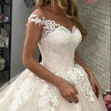 White Tulle V Neck Wedding Dresses Backless Sleeveless Embroidered Bridal Gowns