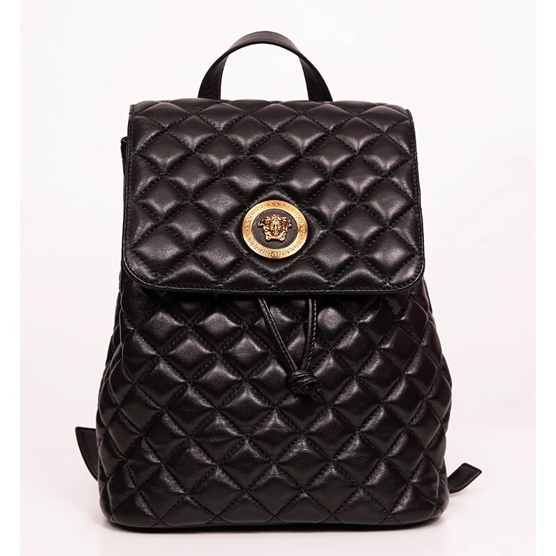 Versace — NEW $1,700 VERSACE Black Leather GOLD MEDUSA LOGO Quilted Lambskin BACKPACK BAG
