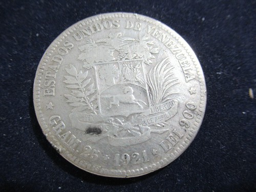 1921 Venezuela Large Silver Coin, 5 Bolivares, 25 Grams, Lei 900 - Picture 2 of 4