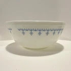 Pyrex 404 White Milk Glass Blue Snowflake Garland Round Bowl, Oven Safe