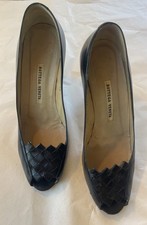 VTG Bottega Veneta Black Woven Leather Peep Toe Pumps Sz 6 1/2 EVC Made In Italy