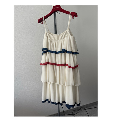 MARC BY MARC JACOBS Trägerkleid M 100% Seide weiß blau rot Fransen Falten