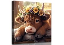 Cute Highland Cow Baby Canvas Wall Art Rustic Farmhouse Brown Daisy Calf Pain
