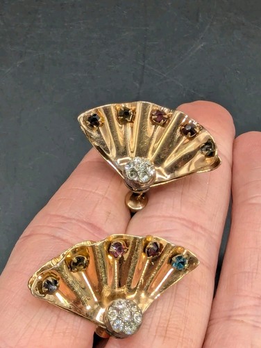 Vintage Charles Reis Gold Filled Rhinestone Fan/Shell Screwback Earrings READ