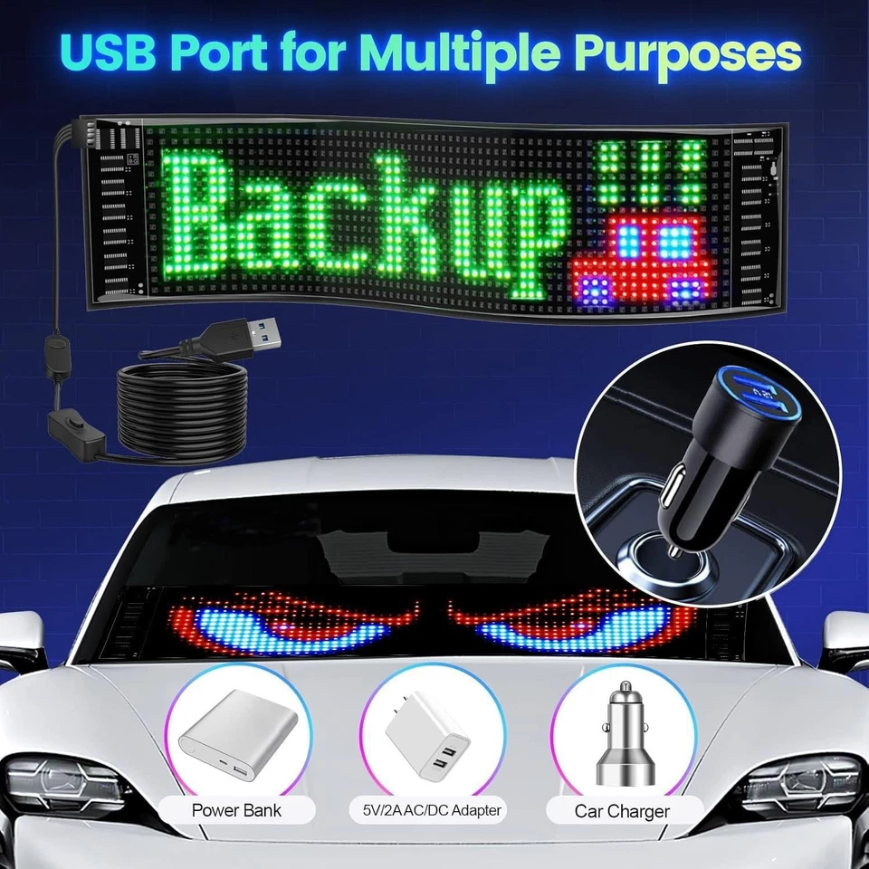 USB LED Car RGB Display Screen Flexible Sign Scrolling Message APP Programmable - Image 4 of 4