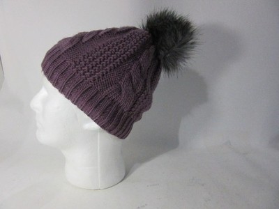 The North Face Winter Hat Womens Purple Cable Knit Fur Pom Thick Fleece Lined