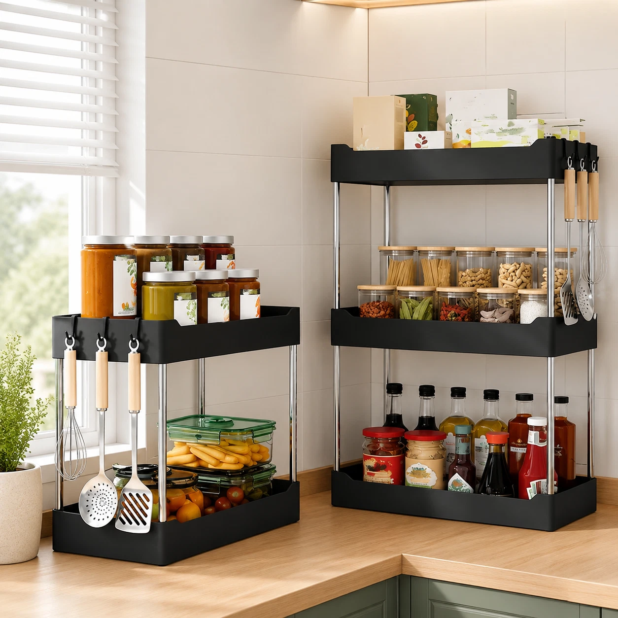 Multi-Layer Kitchen Spice Storage Rack Countertop Organizer with Hooks