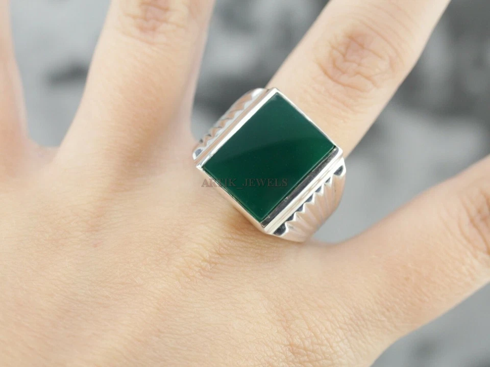 Anello In Argento Sterling 925 Con Gemma Di Onice Verde Naturale Per Uomo #1293 - Immagine 4 di 4