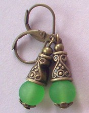 green BEACH SEA FROSTED GLASS drop earring BRONZE HANDCRAFTED XX