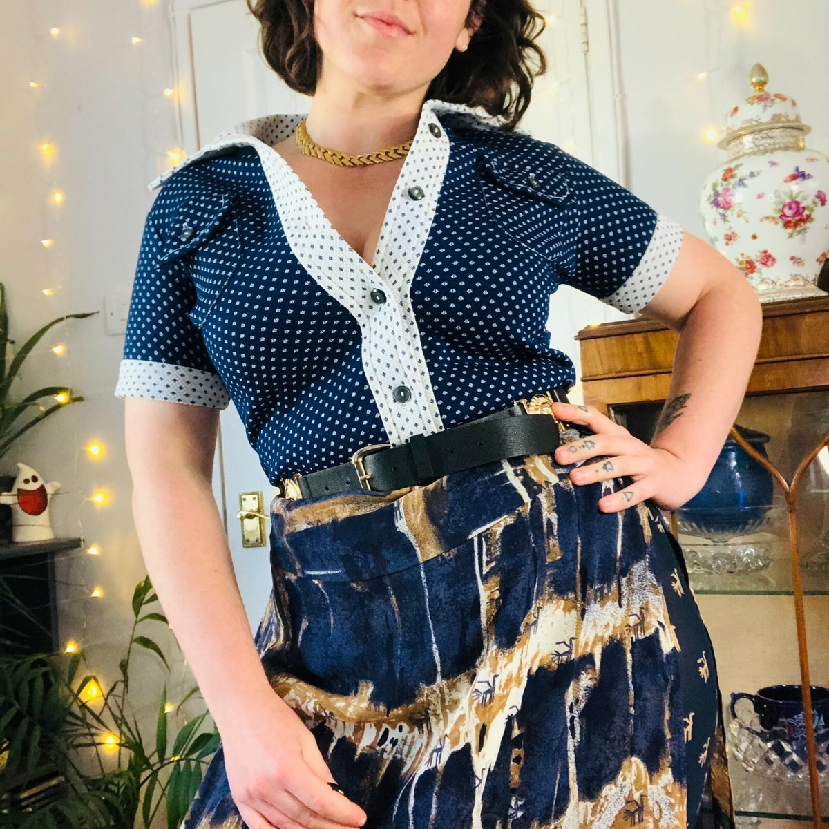 Navy White Polka Dot Dots Spot Spots Spotty Dotty Blouse