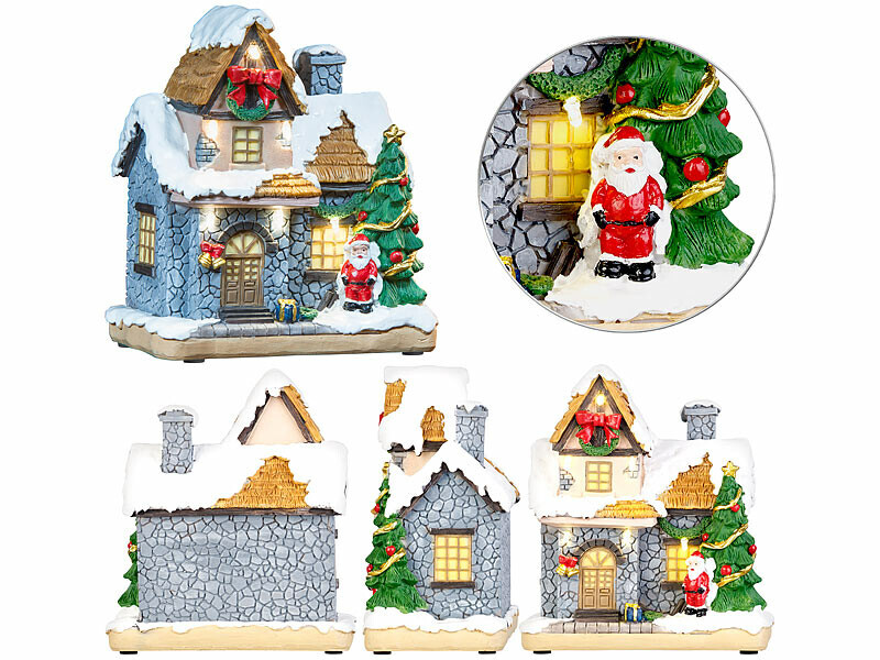 Maisonnette décorative avec Père Noël miniature et village de Noël éclairé en résine