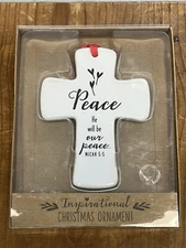 Peace He Will Be Our Peace Micah 5:5 White Cross Ceramic Christmas Ornament