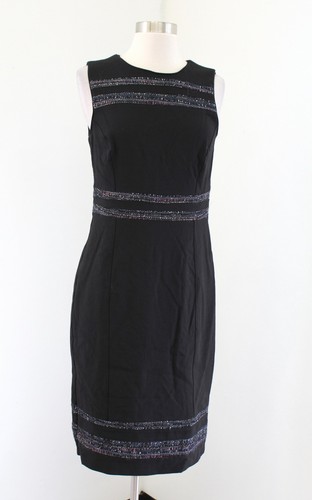 White House Black Market Black Ponte Tweed Striped Insert Knit Sheath Dress Sz 8