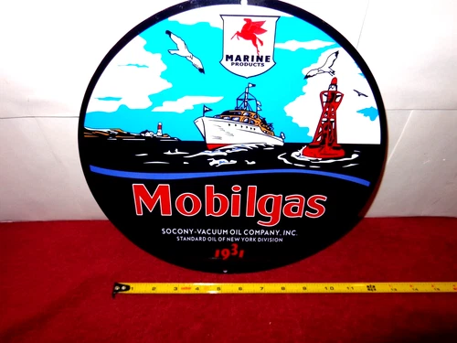 VINTAGE MOBIL MOBILGAS MARINE PRODUCTS 12" METAL SOCONY VACUUM GASOLINE OIL SIGN