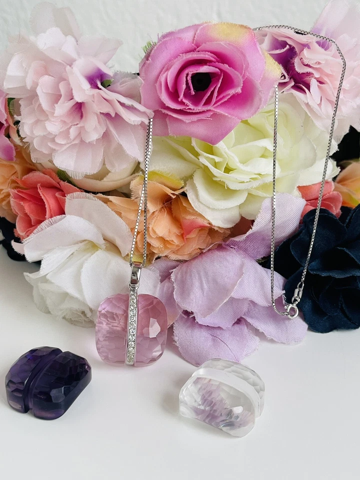 Collana In argento 925 Con Pietre Intercambiabili Rosa-Cristal-Viola - Immagine 3 di 4