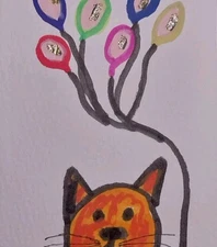 Acrylic Painting IMPRESSIONISM Collectible ORIGINAL Cat  Balloons ACEO Art - GAT