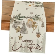  Xmas Pine Ornament Snowflake Merry Christmas 13" x 72", Table Runner Beige
