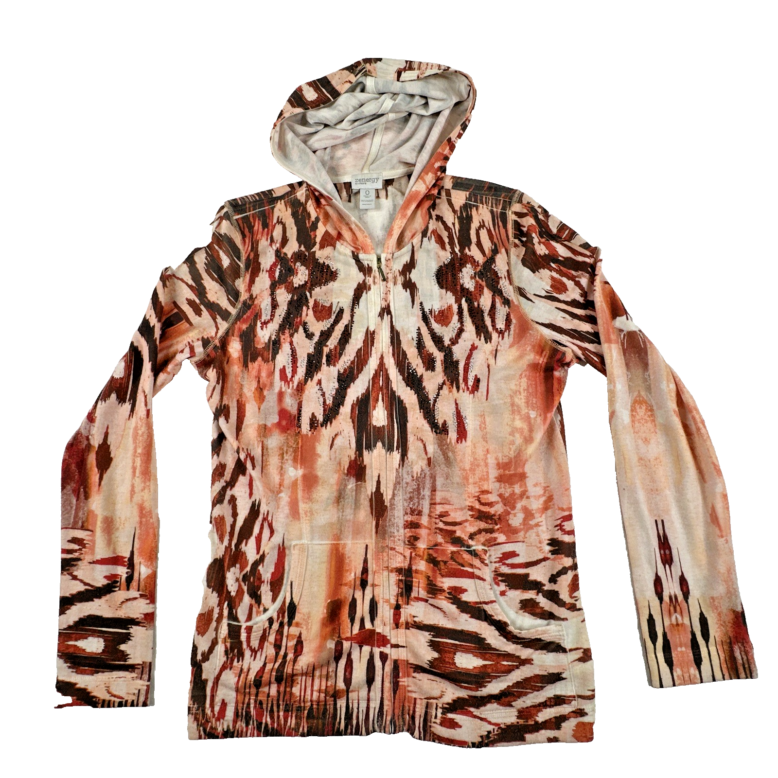 Chico's Zenergy Animal Print Boho Full Zip Hooded Jacket. Size 0 US (S)