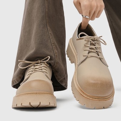British Retro Style Men's Lace Up Round Toe Thick Soled Derby Shoes Formal Dress