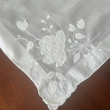 VTG White Work Hankie Floral Rose Applique Cotton Handkerchief 15x16"