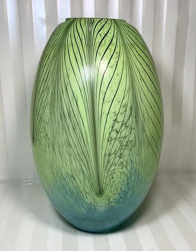 Cristalleria Ann Murano Style Art Glass Vase Green & Blue Pulled Feather Design