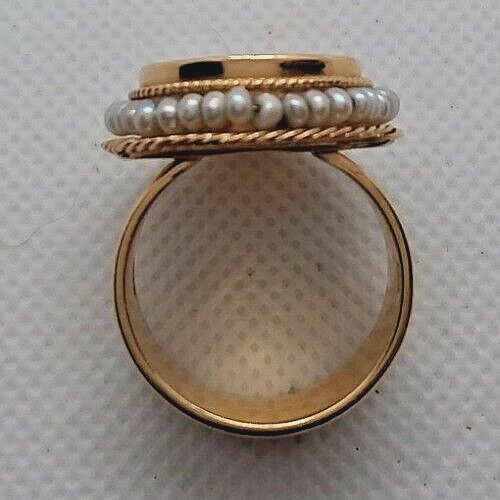 14K Gold Ring, MO Pearl Chinese Phoenix Token & Seed Pearls, Size 9, 11 Grams - Picture 9 of 22