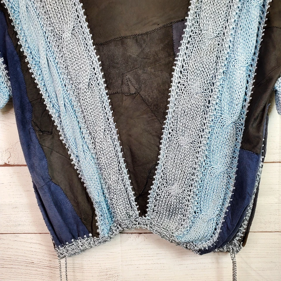 Top único tejido y cuero azul negro vintage para mujer raro hecho en Turquía mediano  Foto 3 de 4