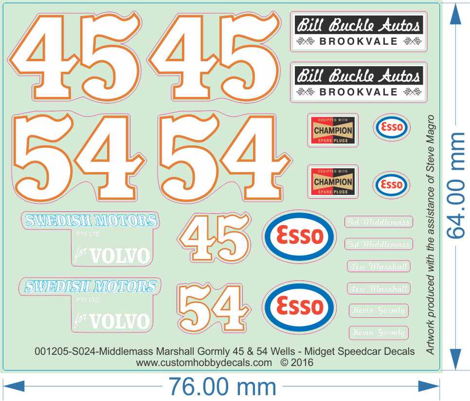 Middlemass Marshall Gormly 45 54 Wells Midget/Speedcar Decals