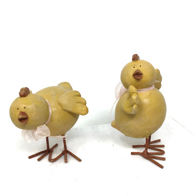 Pair of yellow Chick Figures Resin Figurines Pink ribbons Easter