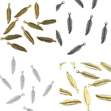 25 Plated Feather Charm Dangle Beads Gold / Silver / Gunmetal Or Antique Copper