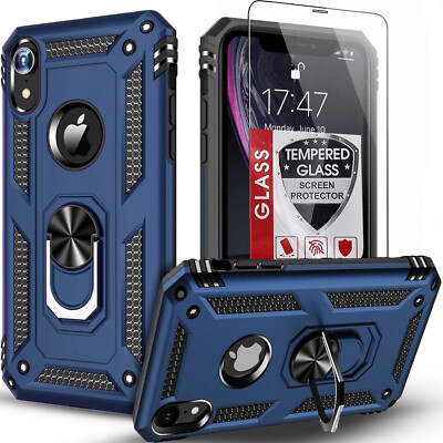 For iPhone XR Case XS Max Phone Cover Shockproof Kickstand+Tempered Glass Screen