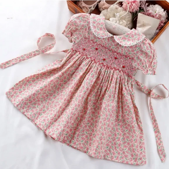 Floral Hand Smocked Embroidered Dress for Toddler Girls Baby Girls Smocked Dress