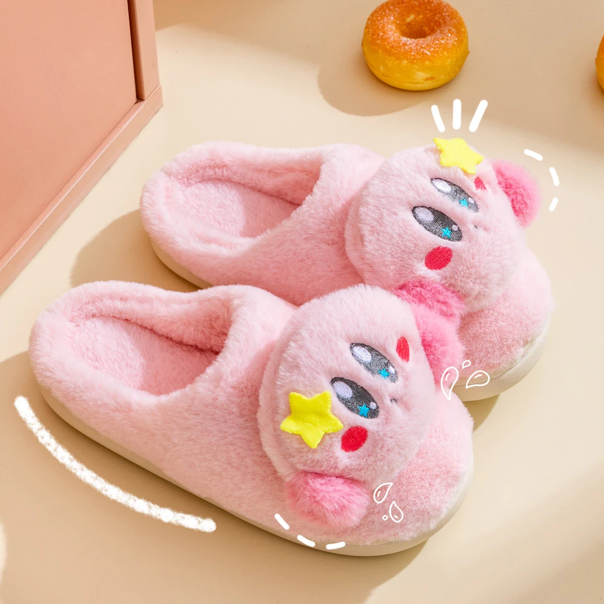 Kawaii Cute Women s Pink Kirby Closed Toe Plush Non Slip Fluffy Slippers Gift
