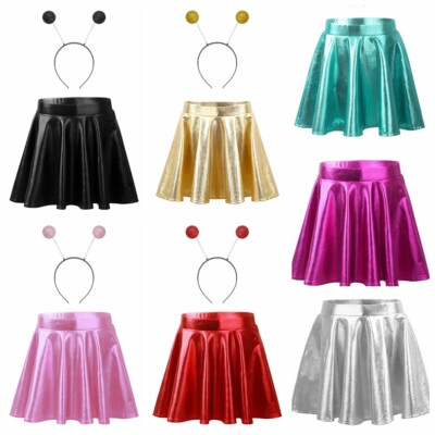Girls Skirt Flared Outfit Rave Short Dress Space Metallic Uniform Glossy Skater