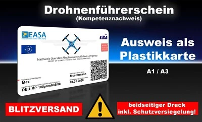 MARKENLOS :: EU Drohnenführerschein A1/A3 Karte,Plastikkarte,Scheckkartenformat,Ausweis ::