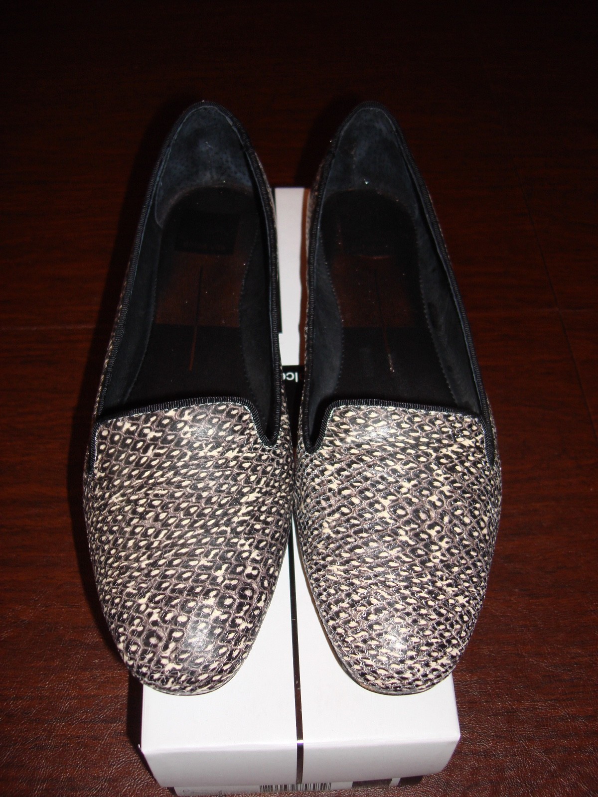 black and white snake print shoes