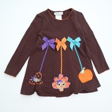 Girls Size 5 Dress Bonnie Jean Brown Long Sleeve with Turkey Pumpkin Applique