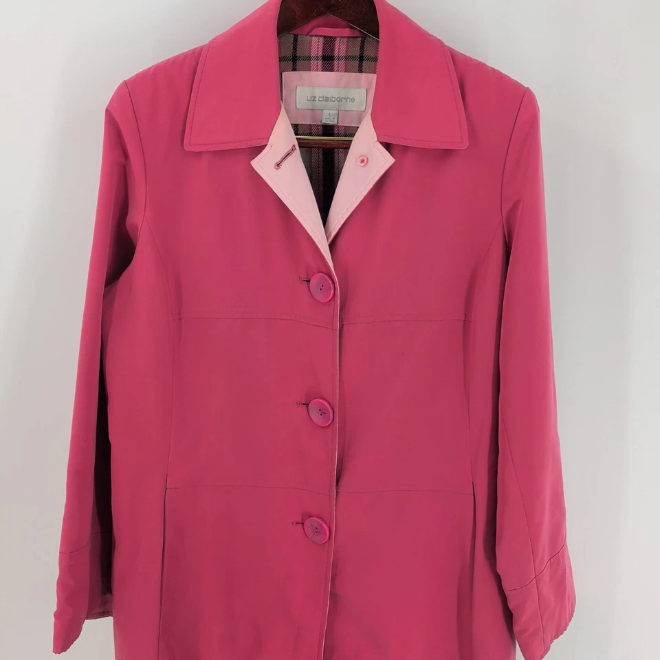 Abrigo Largo Clásico LIZ Claiborne Manga Larga Botón Cuello Frontal Rosa Talla L Foto 2 de 4