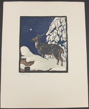 Allen Lewis 1914 Woodcut Of Deer In The Snow Signed In Pencil 12 3/4" X 10"