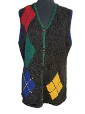 Vtg Eagles Eye Sport Hand Knit Vest SZ M Argyle Stitched 90s GrandpaCore Hipster