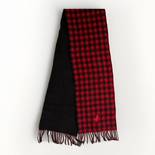 Polo Ralph Lauren Wool Scarf Red Black Plaid Fringe 9x64  Embroidered Reversible