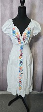YZXDORWJ Mexican Folk Midi Dress M Blue Floral Embroidered Cinched Waist Peasant