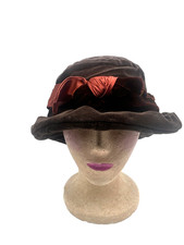 Summer Tompkins Collection Hat Brown Velvet Rust Satin Bow Bucket Made in USA