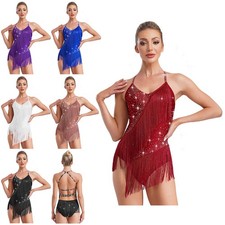 Womens Fringe Bodysuit Sparkly Rhinestones Tassel Latin Jazz Costume Rave Outfit