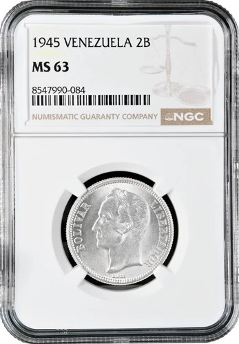 Venezuela 2 bolivares 1945, NGC MS63, "United States of Venezuela (1879 - 1952)"