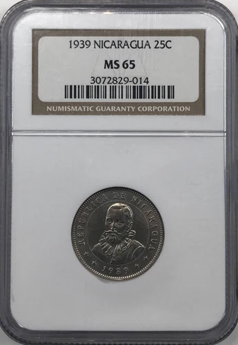 1939 NICARAGUA 25 CENTAVOS NGC MS-65