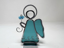3.25 In Tall Aqua Stained Glass Angel Holding Flower Free Standing Home Decor