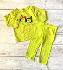 Baby Girls 18m Outfit Neon Yellow Green Leggings Long Sleeve Cat Shirt Circo