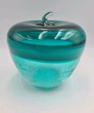 Art Glass Apple Green White Crackle Swirl  Figurine Decor Paperweight Ornament 